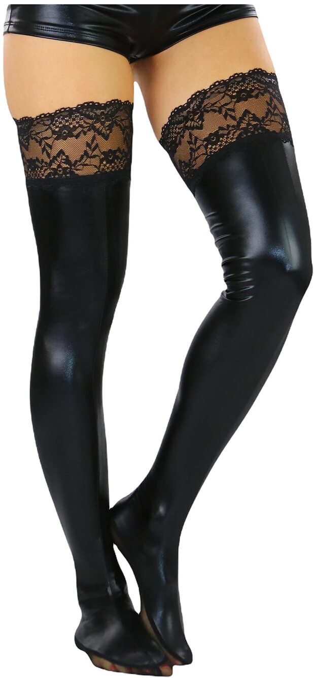 2092 Lace Top Wet Look Thigh Hi - Black